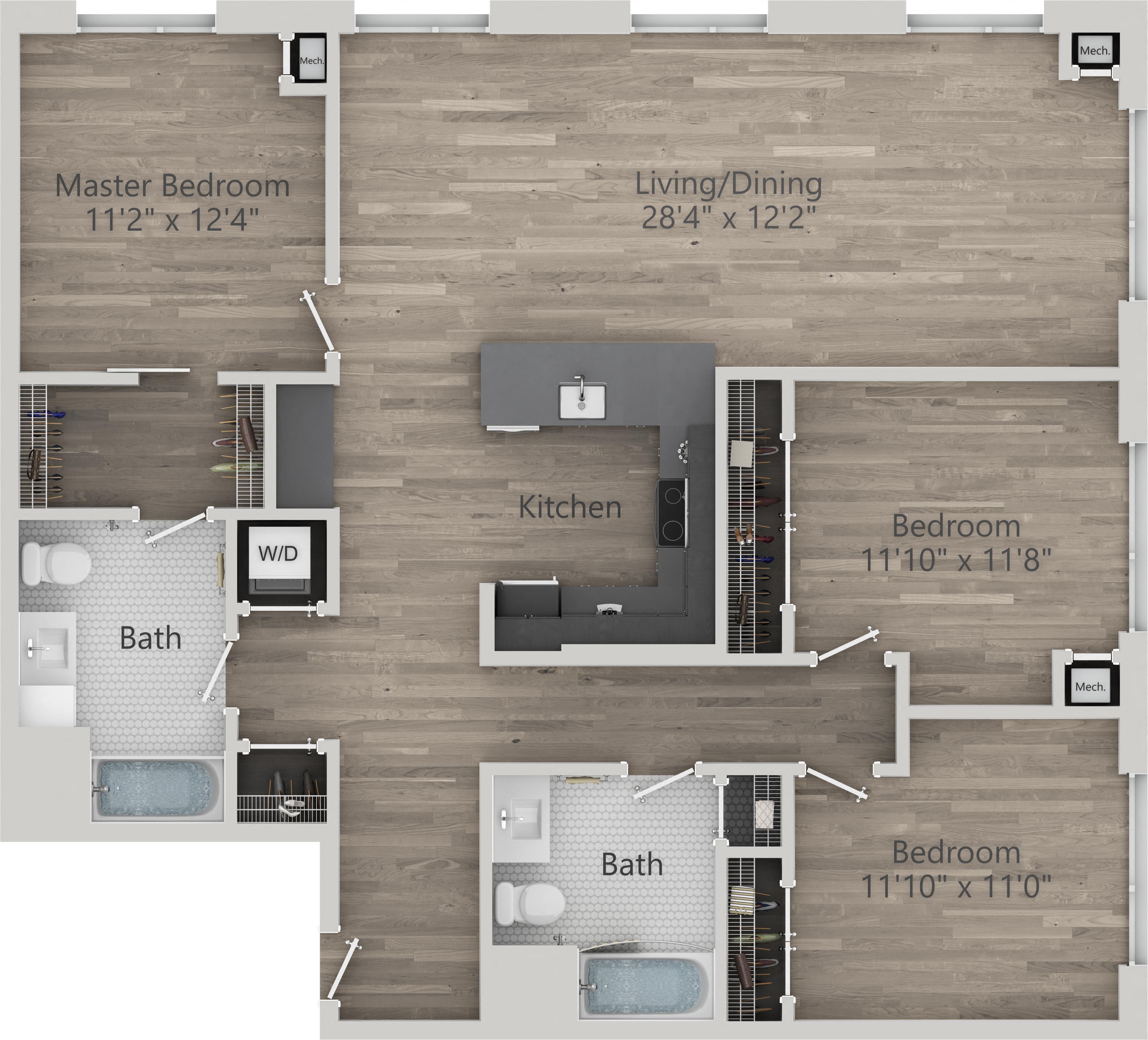 Floor plan for 3 beds, 2 baths, 1426 sqft